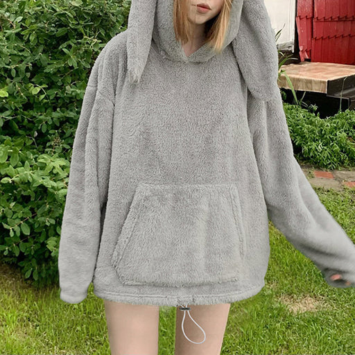 Color-Street Hip Hop Rabbit Ears Hooded Warm Sweater Large Loose Pockets Polar Fleece Jacket-Fancey Boutique