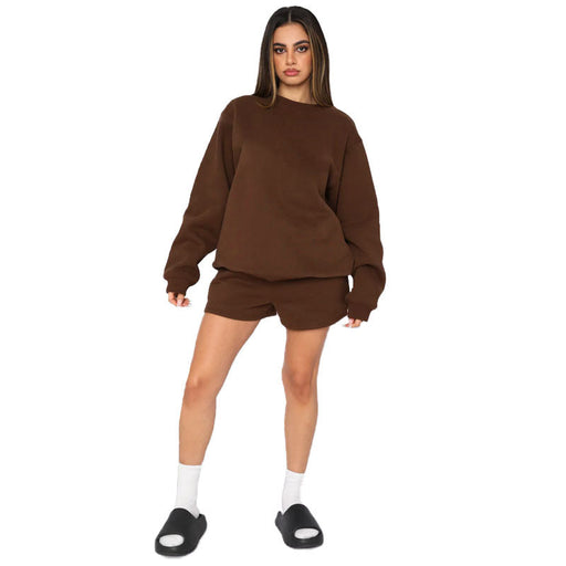 Color-Coffee-Cotton Autumn Winter Solid Color round Neck Pullover Long Sleeve Sweater Women Casual Shorts Set-Fancey Boutique