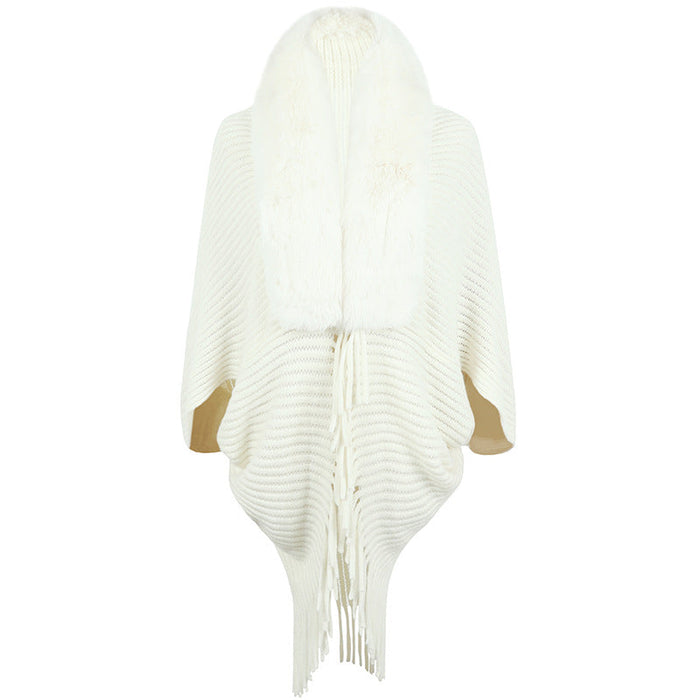 Color-White-Autumn Winter Fur Collar Tassel Shawl Women Knitted Cape Coat-Fancey Boutique