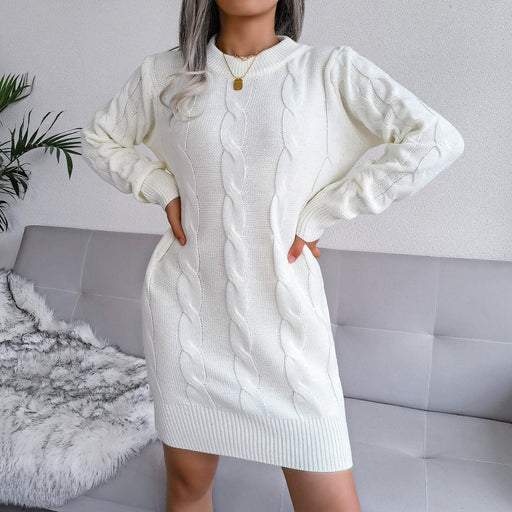 Color-White-Autumn Winter Twist Package Hip Sweater Dress Knitted Dress Women Clothing-Fancey Boutique