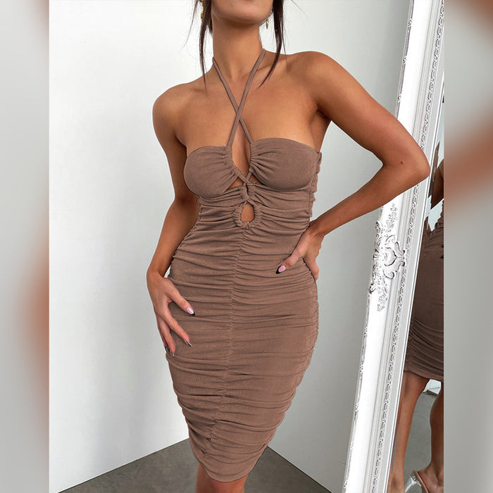 Color-Arrival Lace up Women Midi Dress One Step Dress Sexy Backless Pleated Criss Cross Dress-Fancey Boutique