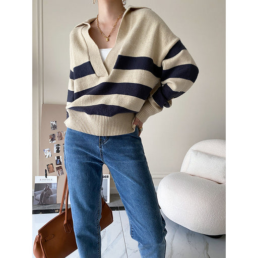 Color-Apricot-Casual Polo Large V-neck Striped Sweater Autumn Winter Loose Pullover-Fancey Boutique