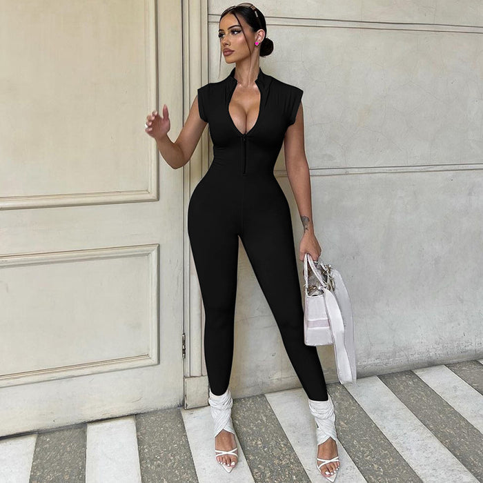 Color-Women Clothing Summer Sexy Chest Zipper Tight Fitting Solid Color Jumpsuit Women-Fancey Boutique