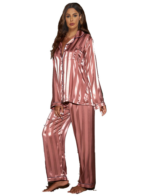 Color-Jacquard Wide Stripe Home Wear Set Pajamas Women Supply Satin Cardigan Long Sleeve-Fancey Boutique