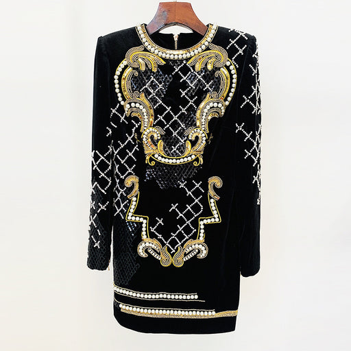 Color-Autumn Winter Heavy Industry Embroidery Sequined Diamonds Bead Long Sleeve Gold Velvet Sheath Dress-Fancey Boutique