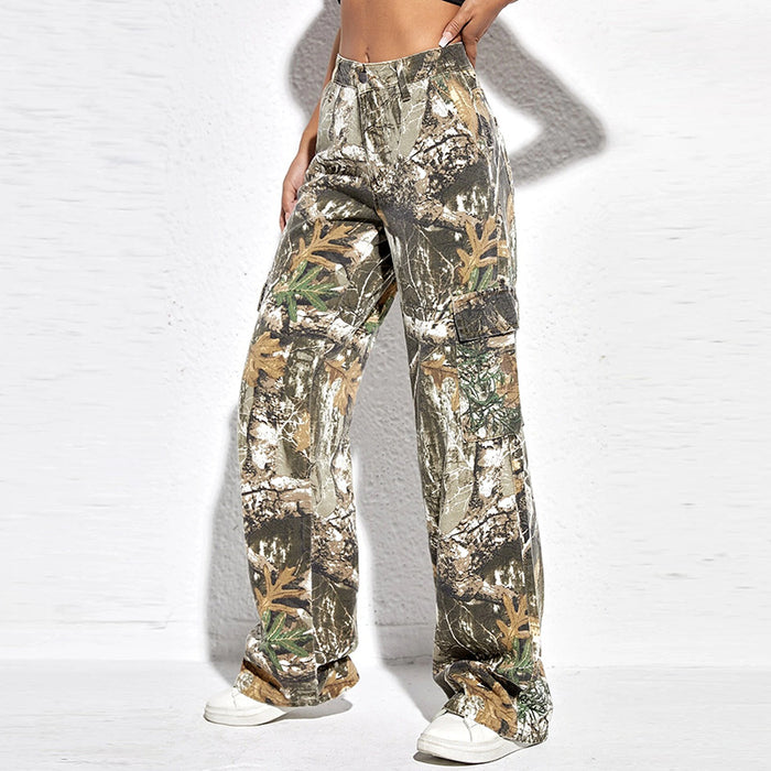 Color-Embroidered Printed Camouflage Trousers Spring High Waist Stitching Zipper Casual Baggy Straight Trousers Women-Fancey Boutique