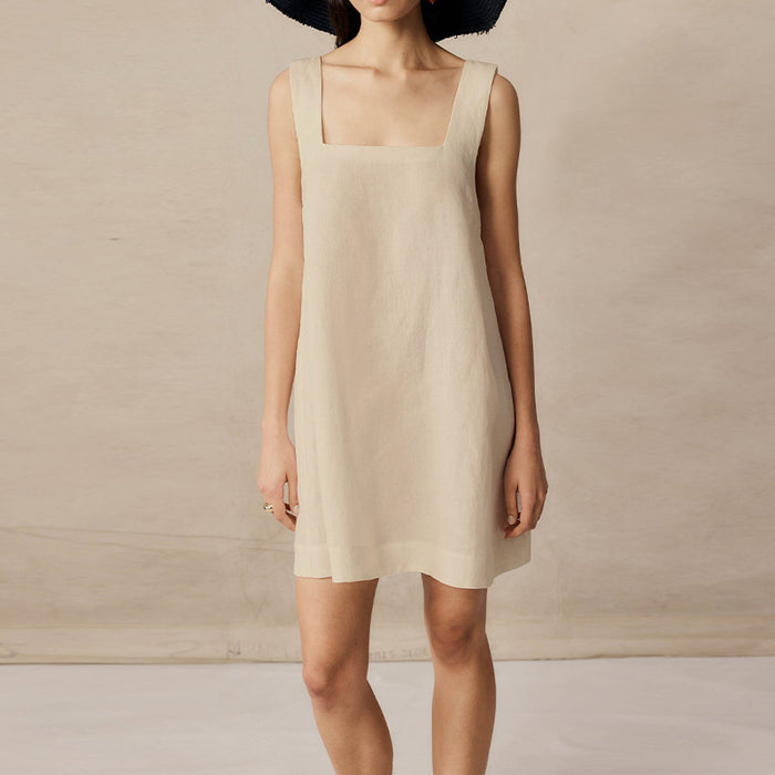 Color-Niche Design Linen Cotton Back Tied Dress Summer Square Collar Slimming Elegant Wide Shoulder Strap Dress-Fancey Boutique