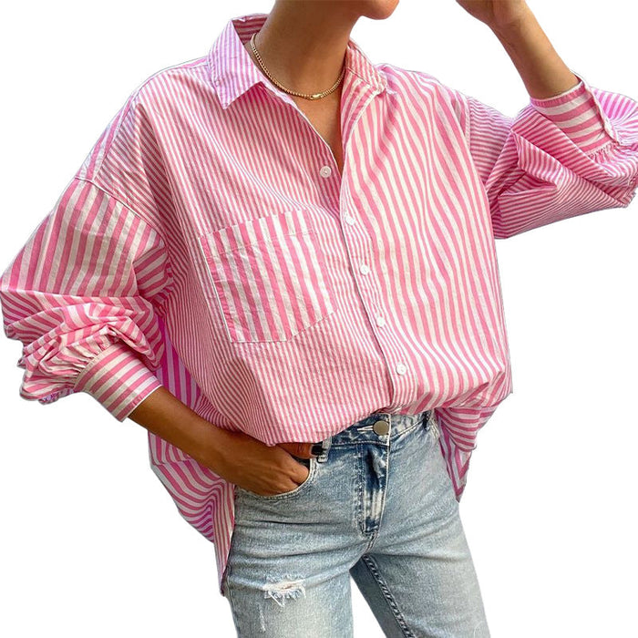 Color-Autumn Women Clothing Collared Loose Long Sleeve Striped Shirt-Fancey Boutique