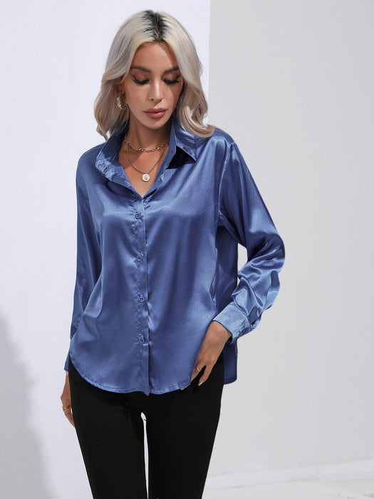 Color-Blue-Satin Shirt Women Satin Artificial Silk Long Sleeve Shirt Spring Summer Women Clothing-Fancey Boutique