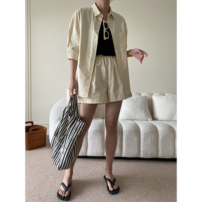 Color-Apricot-Clothing Series Cotton Washed Profile Loose Shirt Shorts Two Piece Suit-Fancey Boutique