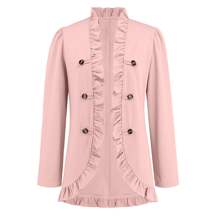 Color-Pink-Women Ruffled Cardigan Button Small Coat Autumn Winter Long Sleeve Short-Fancey Boutique