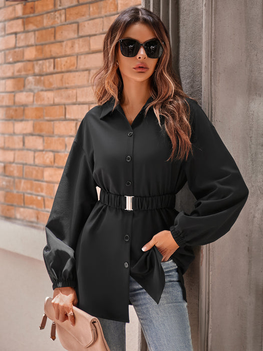 Color-Casual Autumn Winter Women Clothing Solid Color Shirt Collar Single Breasted Belt Shacket Women-Fancey Boutique