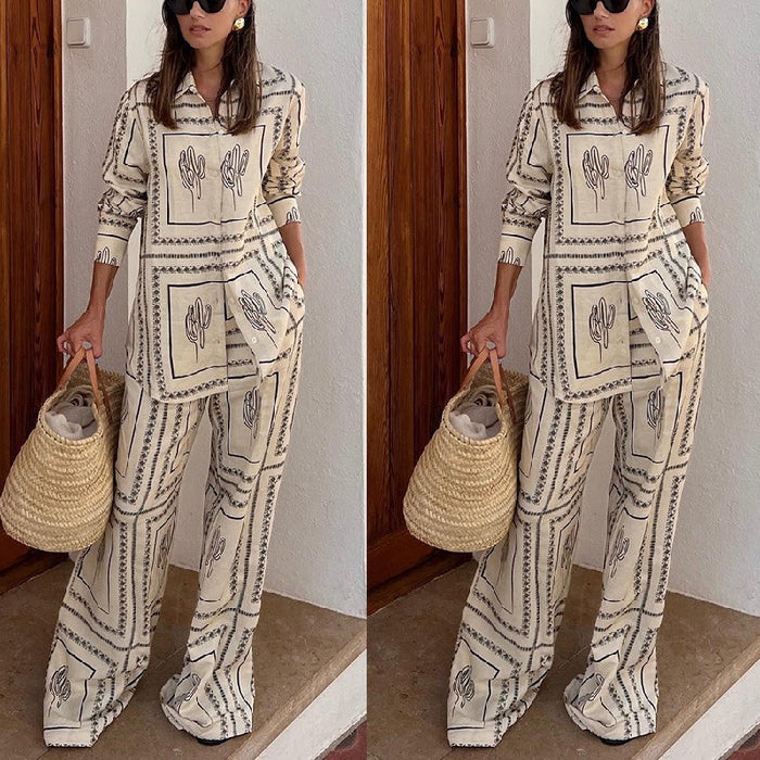 Color-Printed Long Sleeved Shirt Trousers Two Piece Suit Home Wear-Fancey Boutique