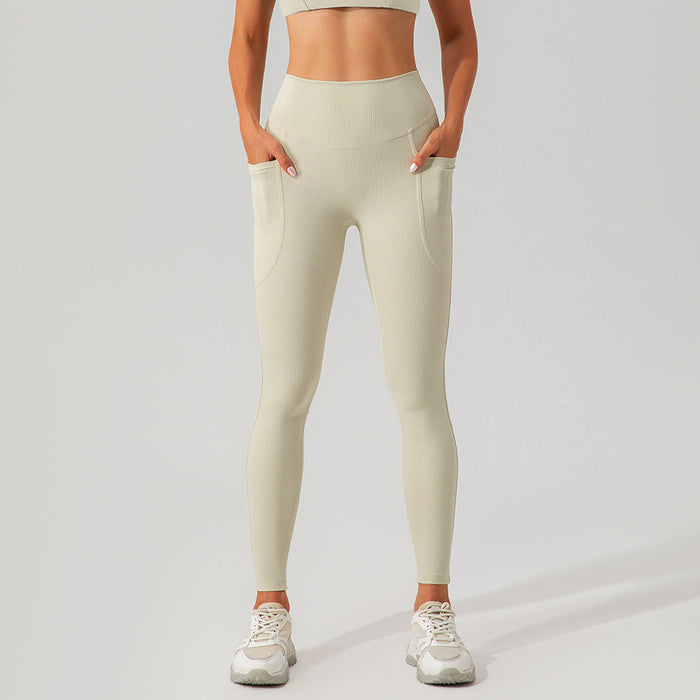 Color-Ivory-Autumn Thread High Waist Hip Lift Yoga Pants Pocket Belly Contracting Close Fitting Sports Pants Running Quick Drying Fitness Pants Women-Fancey Boutique