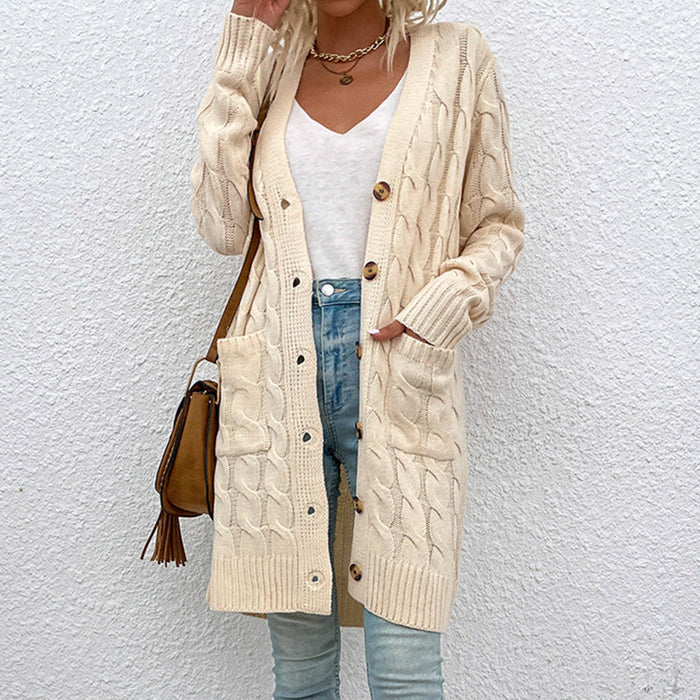 Color-White-Knitwear Autumn Winter Long Cable-Knit Sweater Women Button Cardigan-Fancey Boutique