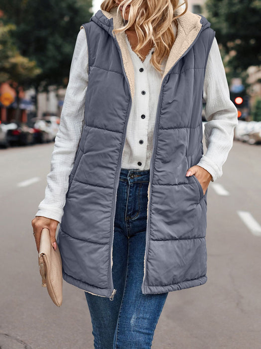 Color-The blue-gray-Simple Stitching Plush Double Sided Women Vest Hooded-Fancey Boutique