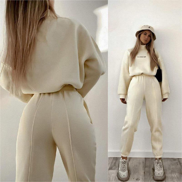 Color-Apricot-Fall Winter Casual Sweatshirt Outfit Alphabet Embroidery Turtleneck Top Drawstring Stitching Sweatpants Two Piece Set Women-Fancey Boutique