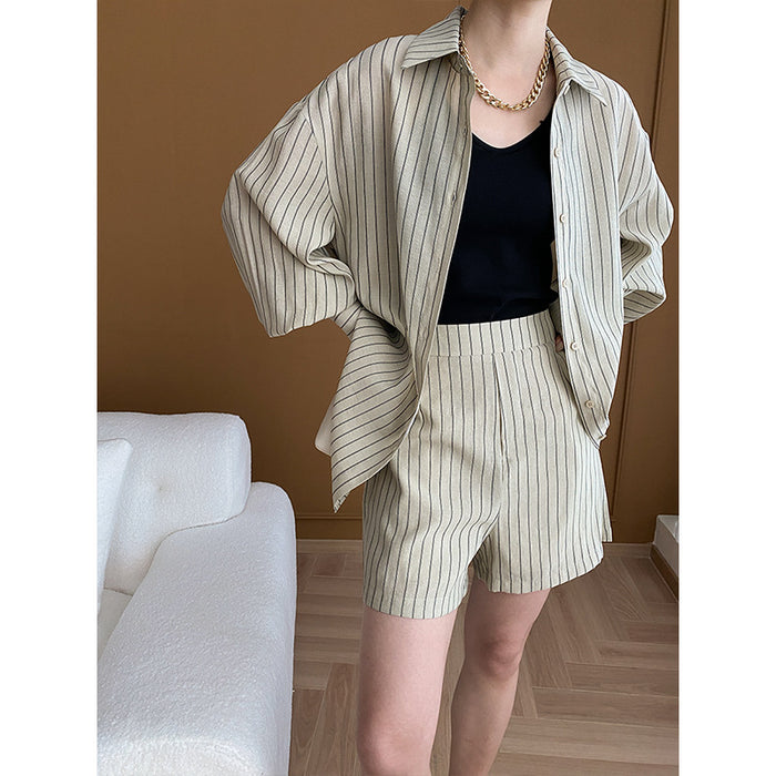 Color-Morandi French Striped Sun Protection Shirt Shorts Two Piece Suit Early Spring-Fancey Boutique