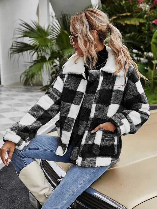 Color-Multi-Autumn Winter Zipper Collared Plush Plaid Coat Loose Office Women Outerwear-Fancey Boutique