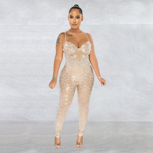Color-Women Wear Solid Color Mesh Rhinestone Sleeveless Trousers Jumpsuit-Fancey Boutique