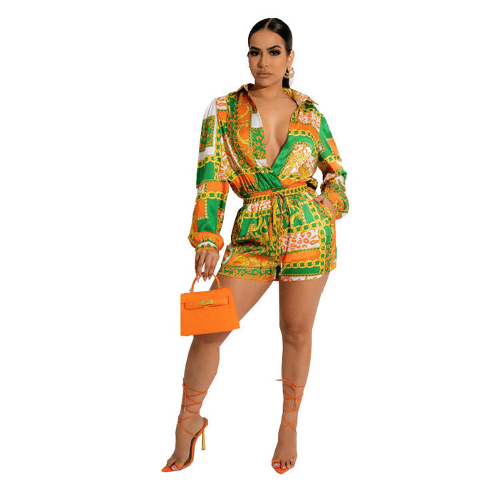 Color-Orange-Women Clothing Casual Long Sleeve Shirt Baggy Straight Trousers Printed Two Piece Suit Pack-Fancey Boutique