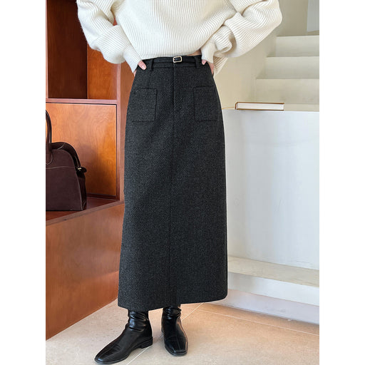 Color-Woolen Skirt High Waist Design Pocket Autumn Winter Cover Hip Woolen Skirt-Fancey Boutique