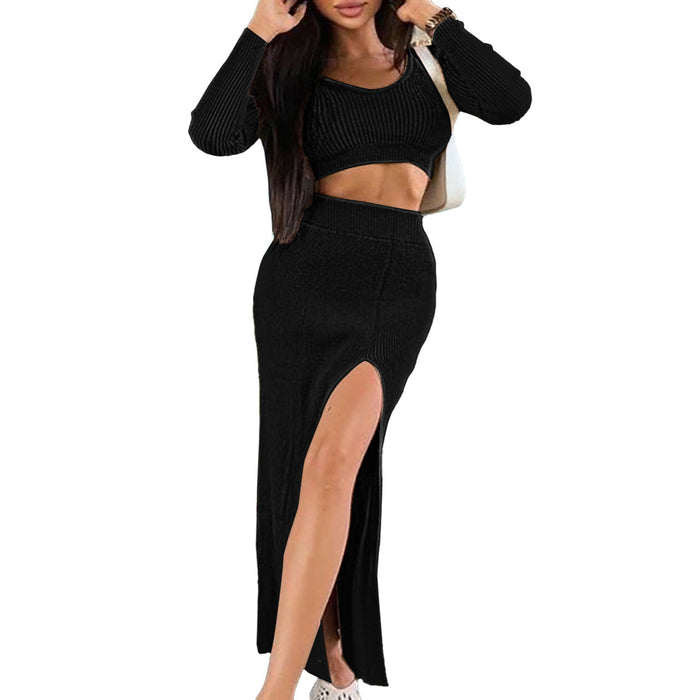 Color-Black-Women Clothing Thread Short Top Slit Skirt Slim Fit Two Piece Suit-Fancey Boutique
