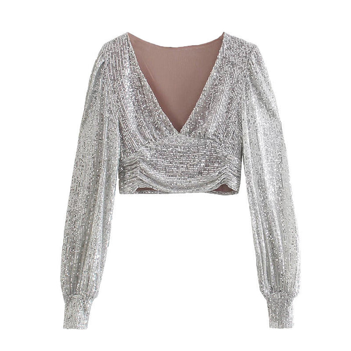 Color-Silver-Women Clothing Party Puff Sleeve Sequined Blouse Long Sleeve Top-Fancey Boutique