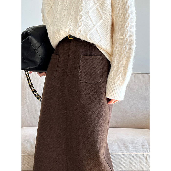 Color-Woolen Skirt High Waist Design Pocket Autumn Winter Cover Hip Woolen Skirt-Fancey Boutique