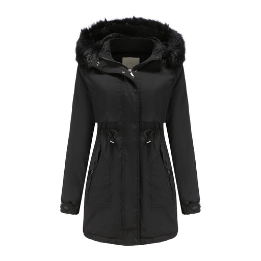 Color-Black-Women Cotton Padded Coat Detachable Fur Collar Detachable Hat Quilted Parka Women-Fancey Boutique