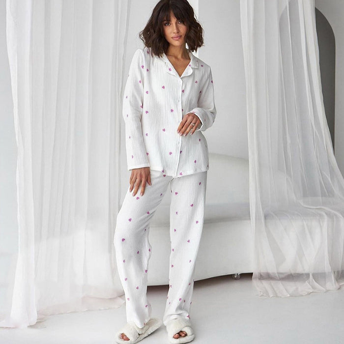 Color-Autumn Purple Heart Printing White Cotton Pajamas Two Piece Set Casual Comfortable Ladies Homewear-Fancey Boutique