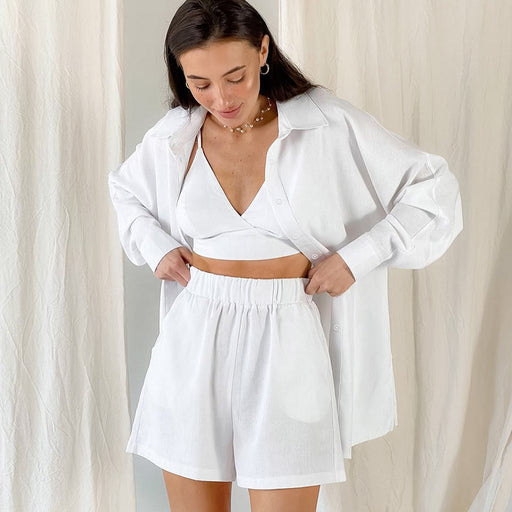 Color-Suspender Underwear Cotton Linen Shorts Three Piece Pajamas Women Summer White Top Home Wear-Fancey Boutique