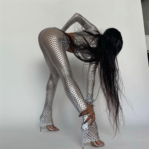 Color-Metallic Coated Fabric Fall Women Clothing Nightclub Performance Long Sleeve round Neck Net Hole Sexy Tight Trousers Two-Piece Set-Fancey Boutique