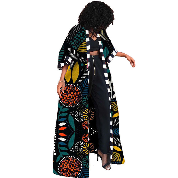 Color-Leaves-Women Spring Clothing Windbreaker African Ethnic Women Coat Long Printed-Fancey Boutique