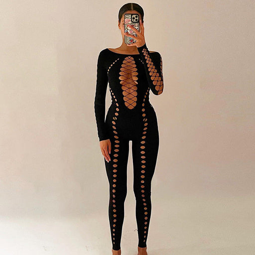 Color-Black-Women off Shoulder Long-Sleeved One Piece Trousers Women Clothing Sexy Hollow Out Cutout out See through-Fancey Boutique