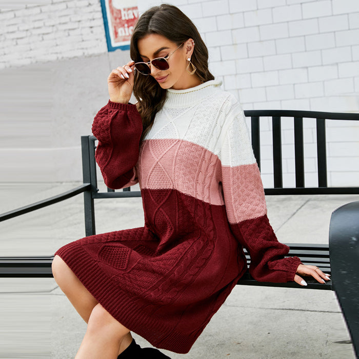 Color-Autumn Winter Casual Loose Round Neck Long Sweater Idle Contrast Color Long Sleeves Knitted Sweater Dress-Fancey Boutique