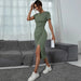 Color-Women Clothing Round Neck Cinched Waist Pullover Split Short Sleeve Sheath Dress Midi Dress-Fancey Boutique