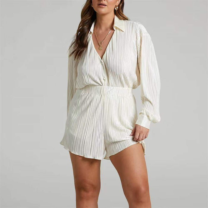 Color-Spring Summer New Popular Fashion V-neck Pleated Long Sleeve Collared Shorts Fashion Suit-Fancey Boutique