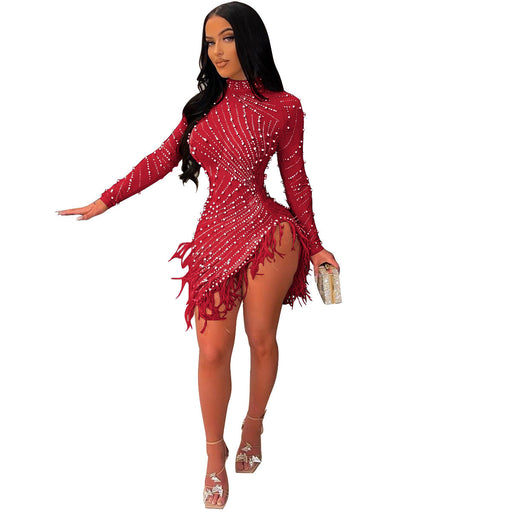 Color-Red-Women Clothing Rhinestone Dress Sexy Cutout Tight Dress Mesh Woolen Dress-Fancey Boutique