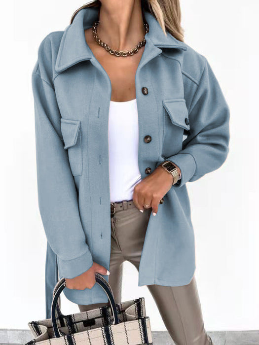 Color-Light Blue-Fall Winter Lapels Single-Breasted Thickened Solid Color Shirt Woolen Baggy Coat Female-Fancey Boutique