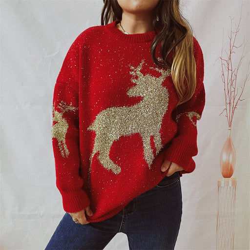 Color-Autumn Winter Loose Gold Line Jacquard Deer Pattern Round Neck Long Sleeve Christmas Sweaters Pullover-Fancey Boutique