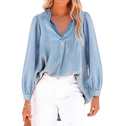 Color-Solid Color Denim Top Women Autumn V Neck Lantern Sleeve Simple Pullover Women-Fancey Boutique