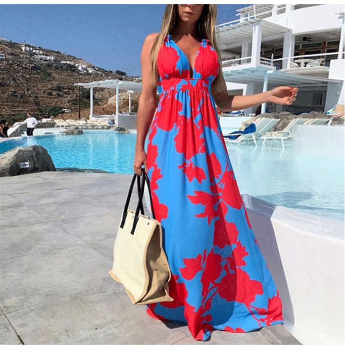 Summer Dress Bohemian Printed V-neck Spaghetti Straps Sleeveless Dress for Women