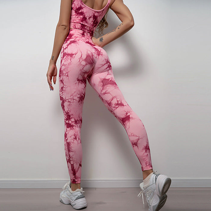 Color-Wine Red-Seamless Tie Dye Peach High Waist Hip Lift Fitness Pants Running Sports Tights Hip Yoga Trousers-Fancey Boutique