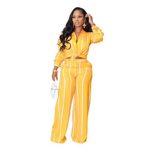 Color-Yellow-Women Printed Striped Shirt Outfit Two-Piece Long Sleeve Loose Straight-Fancey Boutique