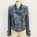 Color-Women Coat Lion Buckle Slim Double Zipper Oblique Zipper Washed Denim Motorcycle Jacket-Fancey Boutique