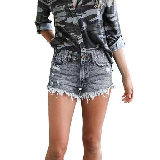 Color-Light Gray-Supply Ripped Tassel Denim Shorts Women-Fancey Boutique