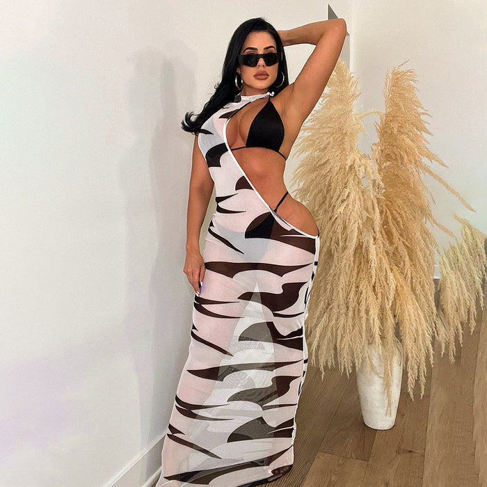 Color-White-Women Clothing Summer Digital Printing Irregular Asymmetric Mesh Dress Bikini Three Piece Set-Fancey Boutique