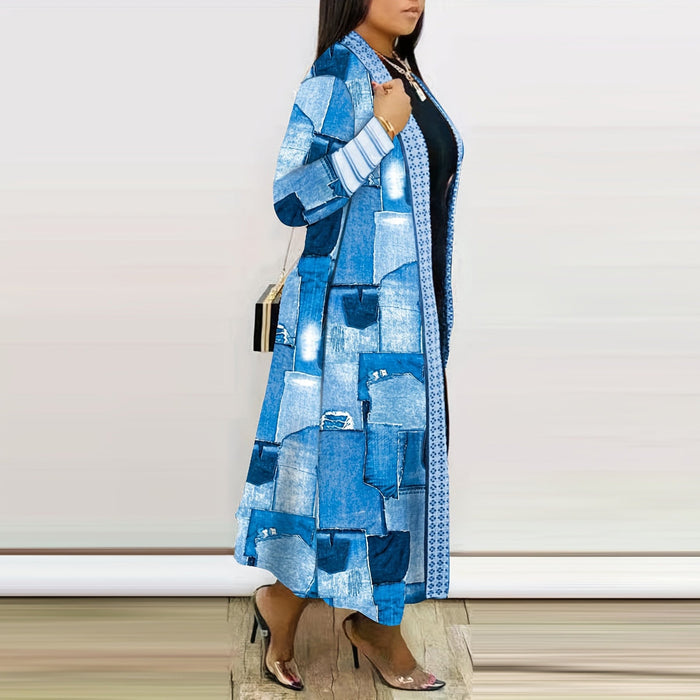 Color-Casual Women Wear Imitation Denim Printed Long Trench Coat Cardigan Coat-Fancey Boutique