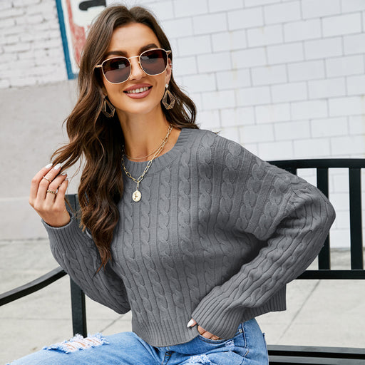 Color-Autumn Winter Women Clothing Lazy Top Loose O-neck Short Knitwear All-Match Solid Color Twisted Sweater-Fancey Boutique